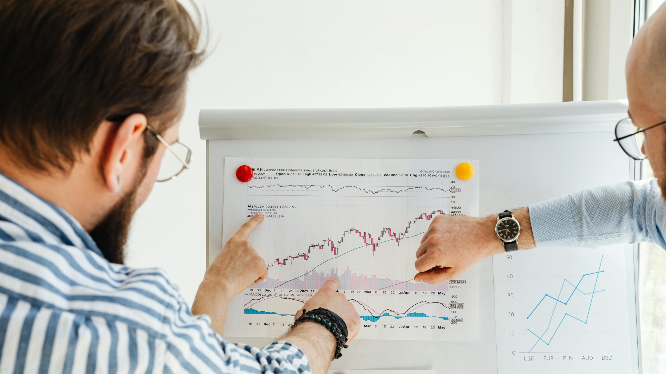 Businessmen comparing pricing data.