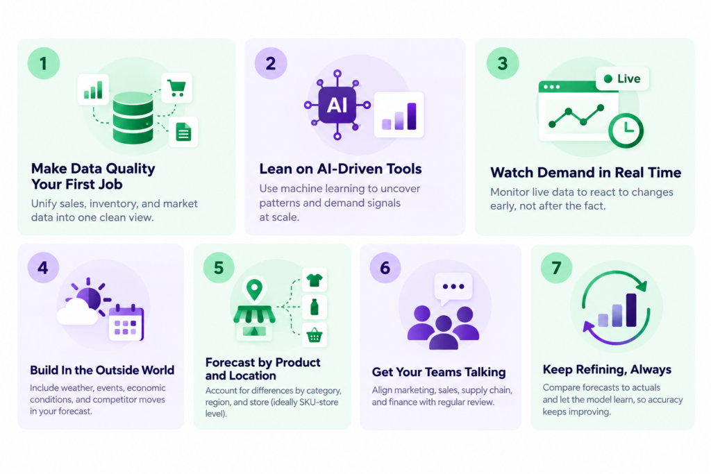 Retail demand forecasting best practices infographic covering data quality, AI-driven tools, real-time demand monitoring, external factors, product and location forecasting, team collaboration, and continuous refinement.