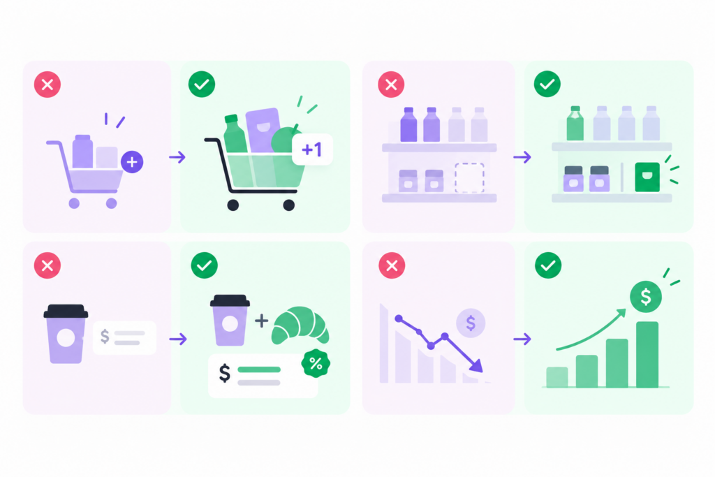 Four-panel infographic illustrating the benefits of bundle pricing for retailers, including increased basket size, improved inventory movement, higher customer value, and greater profitability through optimized pricing strategies.