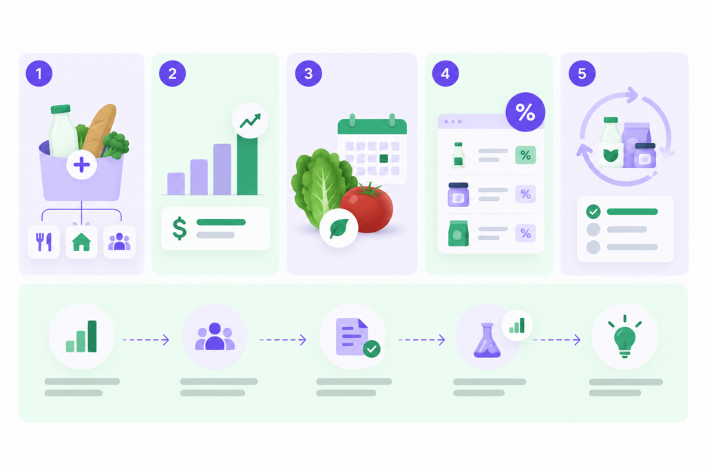 Infographic illustrating five bundle pricing best practices for grocery and FMCG retailers: combining complementary products, protecting profitability, managing product shelf life, coordinating promotions, and continuously optimizing bundles through data-driven analysis and teamwork.