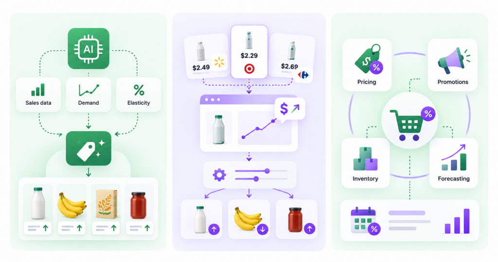 Infographic illustrating three types of grocery pricing software: AI-powered price optimization, competitive price monitoring and dynamic pricing, and integrated retail pricing and promotion management.