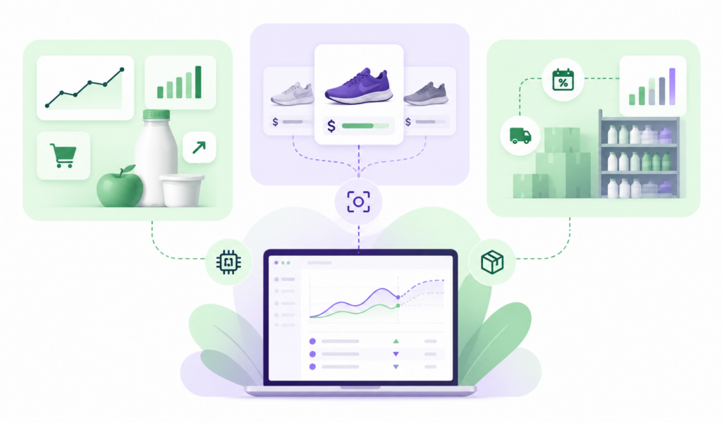 Infographic illustrating three types of retail pricing software: AI-powered price optimization, competitor price intelligence and dynamic repricing, and integrated retail planning.